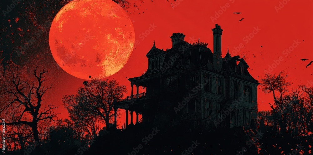 Blood Red Moon Over Haunted Victorian Mansion Blood Red Moon Over Haunted Victorian Mansion