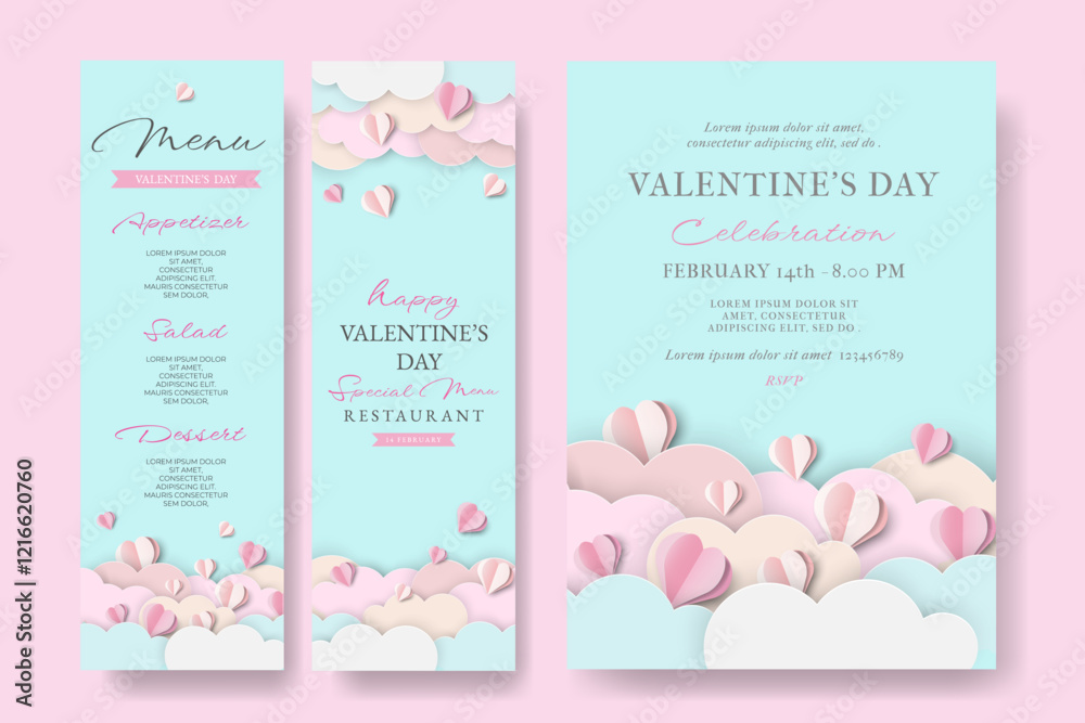 Happy Valentine's Day Vertical Menu and Invitation Card with Paper Cut Hearts and Cloud. Holiday bright greeting cards, love creative concept, gift voucher, invitation. Modern Poster with Trendy Fonts Happy Valentine's Day Vertical Menu and Invitation Card with Paper Cut Hearts and Cloud. Holiday bright greeting cards, love creative concept, gift voucher, invitation. Modern Poster with Trendy Fonts