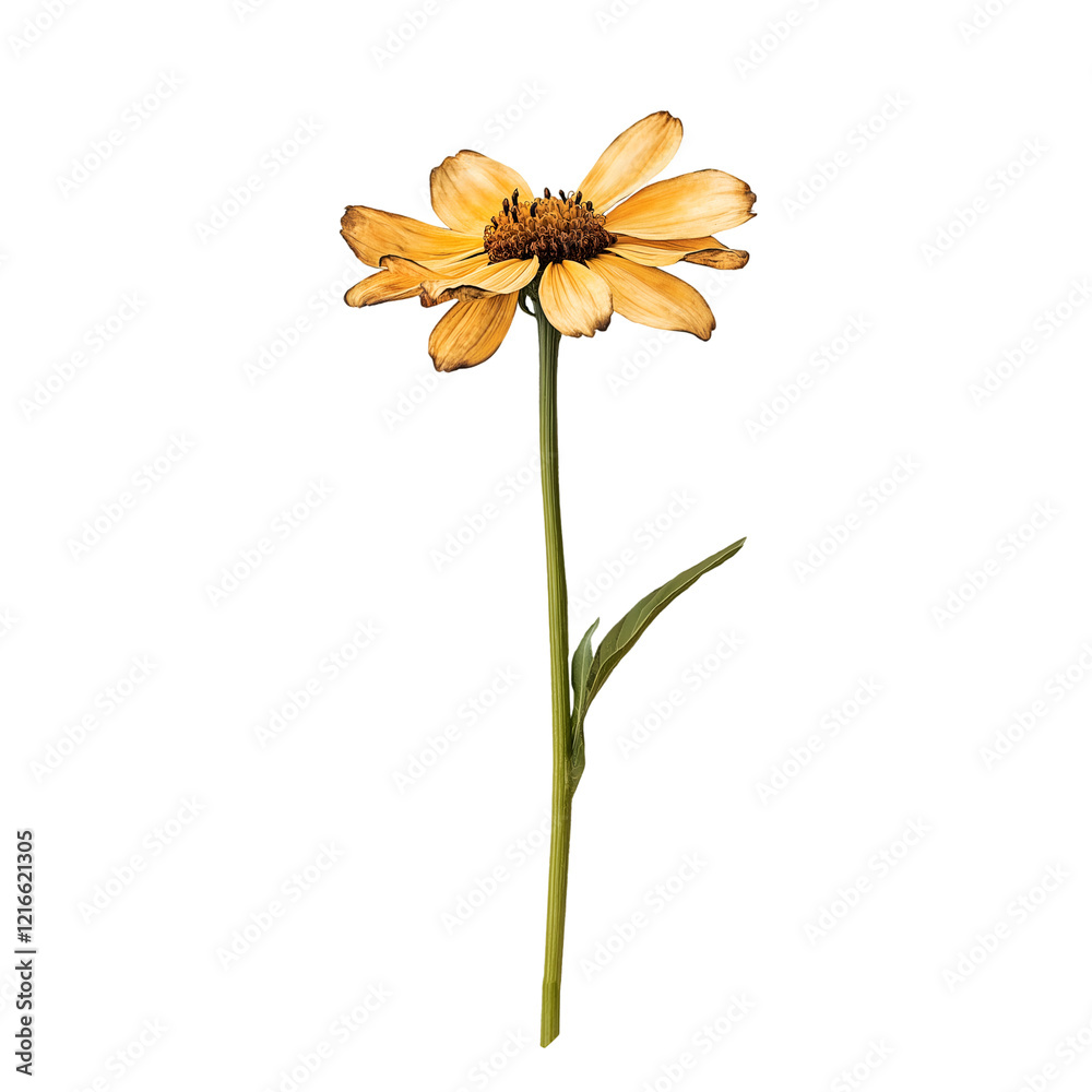 A yellow daisy with a green stem, cut out. Isolated on transparent or white background A yellow daisy with a green stem, cut out. Isolated on transparent or white background
