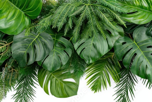 Lush tropical leaves border, studio shot, white background, design element photo