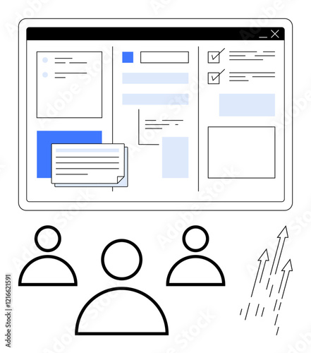 Digital dashboard with task boxes, checklists, and notes. Team icons and arrows symbolize collaboration, productivity, goal-setting, and progress. Ideal for teamwork, workflow efficiency project