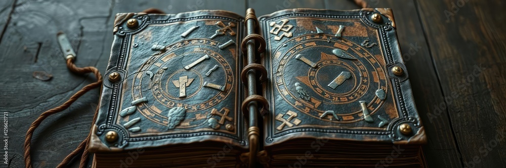 Obraz premium Ancient tome bound in cracked leather and adorned with strange symbols that seem to shift and writhe like living things, eerie atmosphere, mysterious ritual