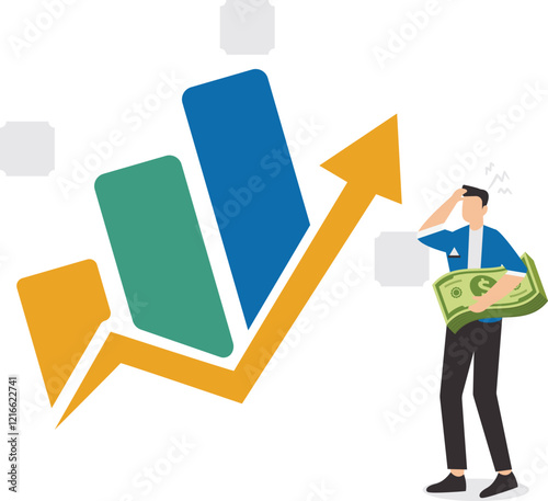 Business growth with investment earning rising up, profit performance or investment sales growth, market value of equity concept, businessman with banknotes observing business income growth graph
