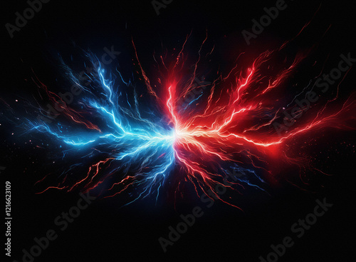 Clashing energy streams, blue and red, rendered with a grainy paper texture.  The vibrant, chaotic forms contrast sharply against the black background. photo