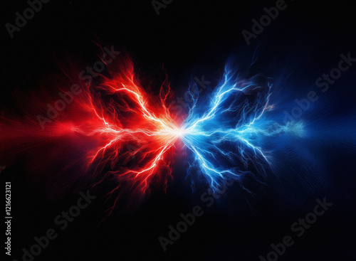 Fiery red and icy blue lightning clash in a dynamic, grainy paper texture, creating a visually striking contrast against a dark background.