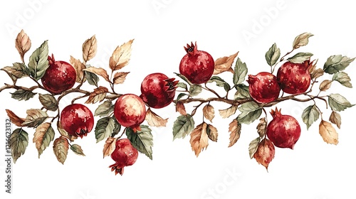 Watercolor Pomegranate Branch Border Autumnal Fruit and Leaves.