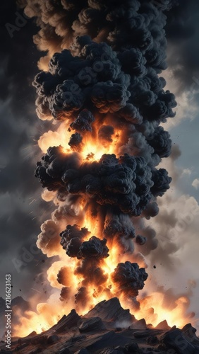 an unseen force unleashes a massive burst of black smoke into the air, dark cloud formation, sudden vaporization