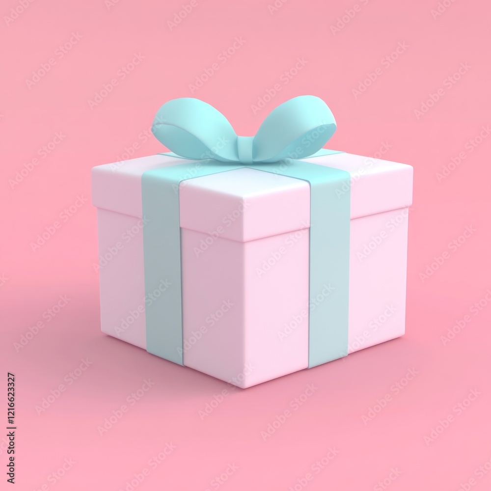 Fototapeta premium Pink background, white gift box, light blue ribbon. Holiday celebration, festive
