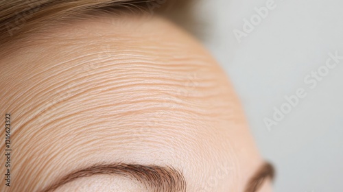 Deep wrinkles are clearly visible on the forehead of a woman, highlighting the effects of aging and the potential need for cosmetic treatments photo