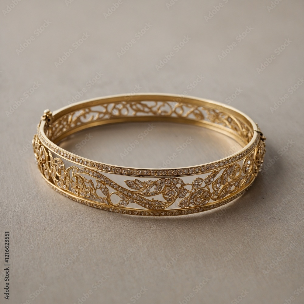 A gold bangle displayed over soft, neutral tones. A gold bangle displayed over soft, neutral tones.