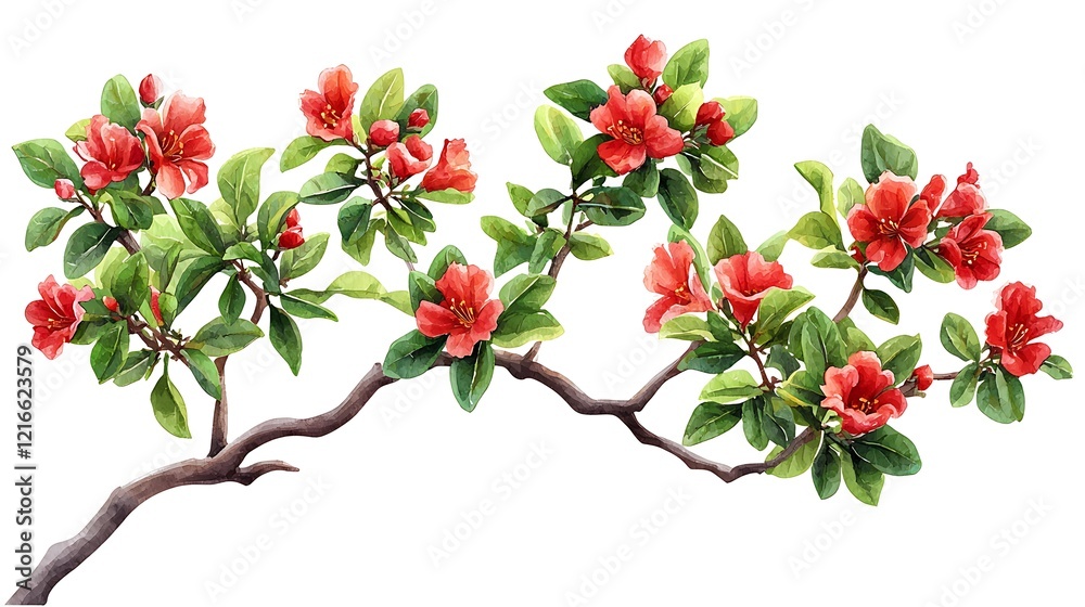 Watercolor Painting of a Pomegranate Branch with Blossoms Watercolor Painting of a Pomegranate Branch with Blossoms