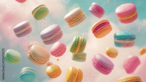 Wallpaper Mural Colorful macarons floating against a dreamy pastel background in a whimsical display Torontodigital.ca