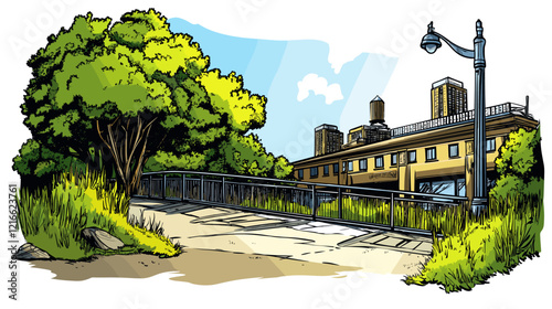 Vector comic hand-drawn illustration of High Line Park. High Line Park in New York