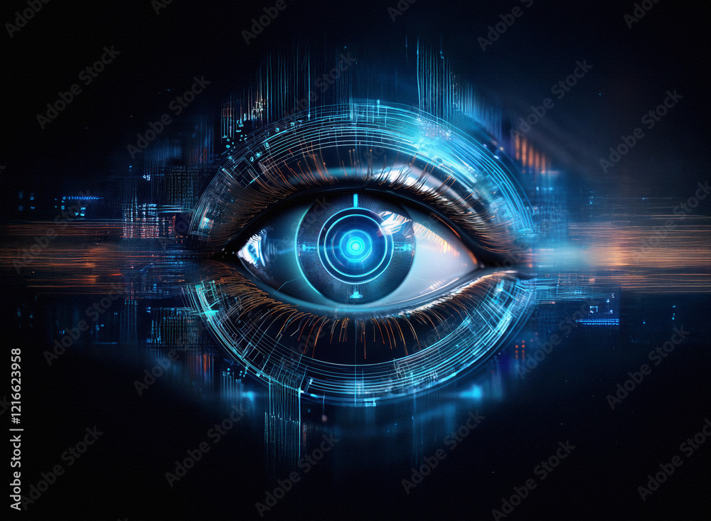 A digital eye, rendered with a grainy paper texture, glows with vibrant blue circuitry. Its intricate design suggests advanced technology and surveillance. A digital eye, rendered with a grainy paper texture, glows with vibrant blue circuitry. Its intricate design suggests advanced technology and surveillance.