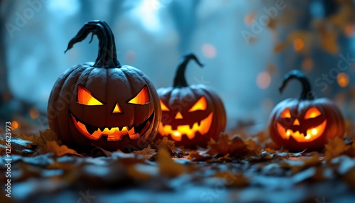 Illuminated Jack-o'-lanterns: A Spooky Autumn Night Scene photo