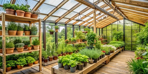 Aromatic herb garden in a modern greenhouse with various scented plants and a wooden trellis, leafy greens, botanical