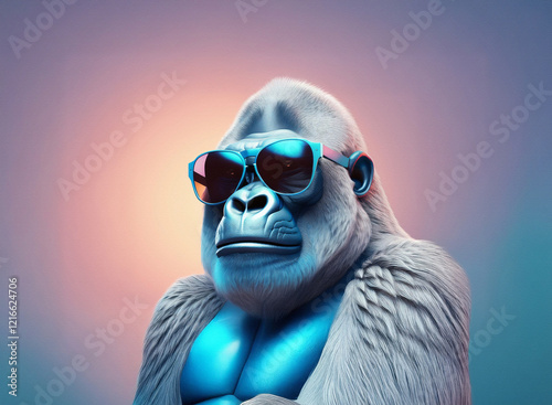 A cool gorilla, rendered with a grainy paper texture, sports stylish sunglasses against a soft, gradient background.  The image has a digital art aesthetic. photo