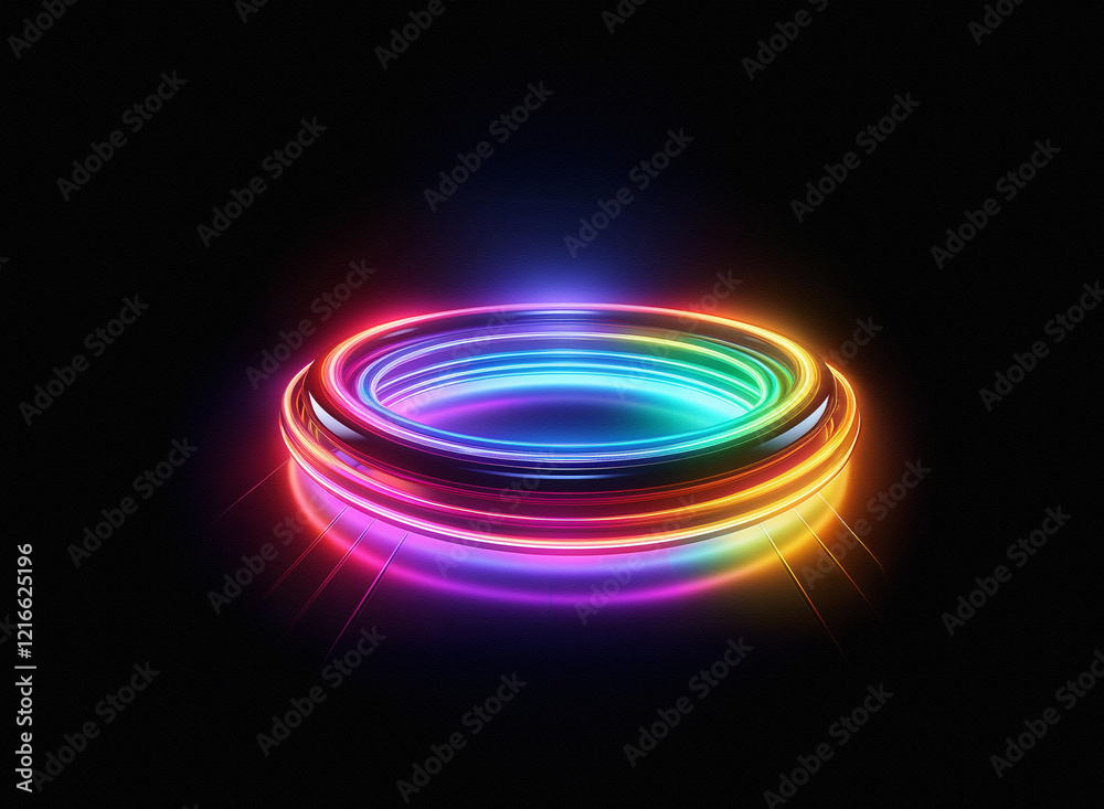 A vibrant, rainbow-hued, glowing ring. Its grainy paper texture radiates light against a stark black background. The concentric circles create a captivating visual effect. A vibrant, rainbow-hued, glowing ring. Its grainy paper texture radiates light against a stark black background. The concentric circles create a captivating visual effect.
