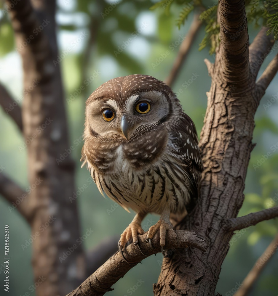 Asian barred owlet clinging to a dry and thin tree branch, Asian barred owl, forest branch, cling Asian barred owlet clinging to a dry and thin tree branch, Asian barred owl, forest branch, cling