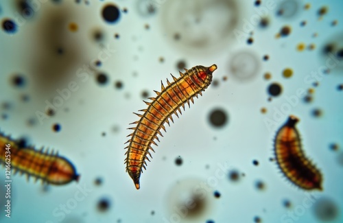Microscopic view of soil microorganisms in compost from regenerative farm. Different types of microbes like nematodes, microarthropods, tardigrades, rotifers visible. Image highlights rich