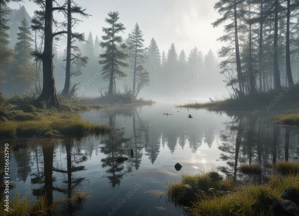 Atmospheric mist hanging above the surface of an atmospheric swampy lake in the forest, soft, natural, mist Atmospheric mist hanging above the surface of an atmospheric swampy lake in the forest, soft, natural, mist