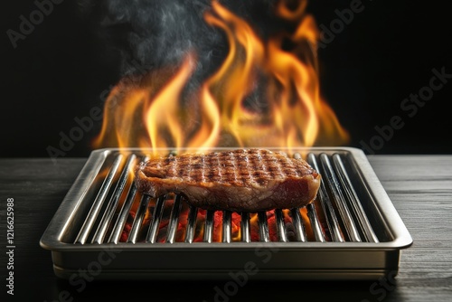 Grilled steak on flaming grill, dark wood background photo