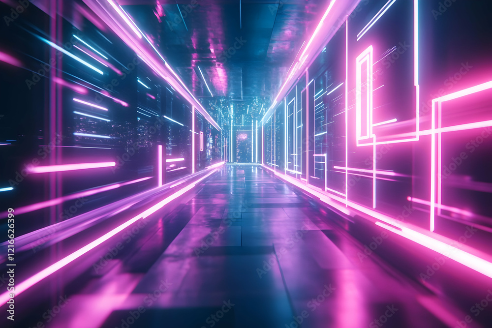 Futuristic Neon Corridor With Bright Pink And Blue Lights, Representing A High-Tech Digital Environment. Generative AI Futuristic Neon Corridor With Bright Pink And Blue Lights, Representing A High-Tech Digital Environment. Generative AI