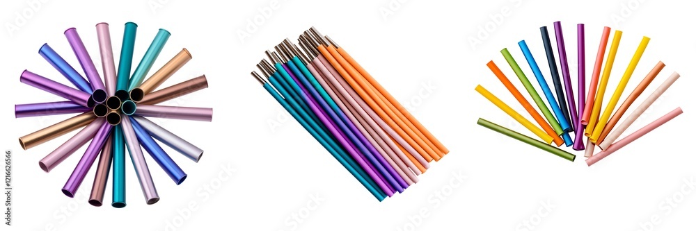 Reusable Items isolated collection. Colorful pens arranged in three groups, showcasing a variety of hues for creative and artistic purposes. Reusable Items isolated collection. Colorful pens arranged in three groups, showcasing a variety of hues for creative and artistic purposes.