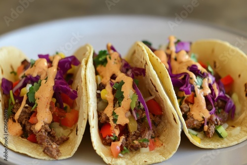 Delicious beef tacos with slaw, kitchen setting photo