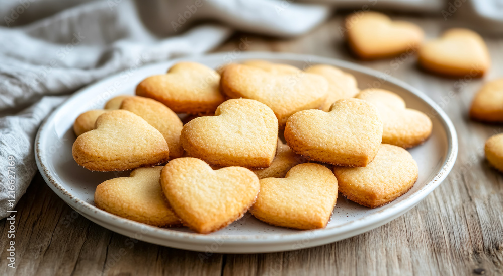 Heart-shaped cookies arranged beautifully on a white ceramic dish, bringing warmth and joy to any table setting, perfect for celebrations or cozy gatherings Heart-shaped cookies arranged beautifully on a white ceramic dish, bringing warmth and joy to any table setting, perfect for celebrations or cozy gatherings
