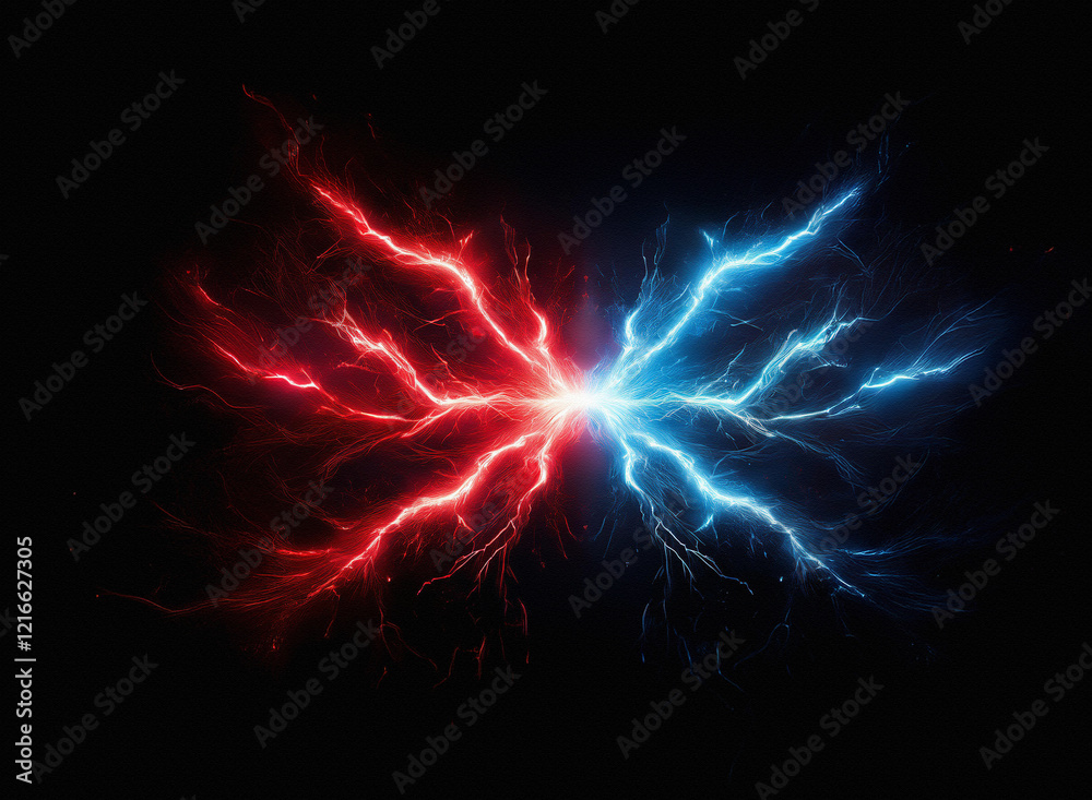 Obraz premium A gritty, textured paper-like image depicts clashing red and blue energy, resembling lightning or plasma, against a black background. The effect is dynamic and powerful.