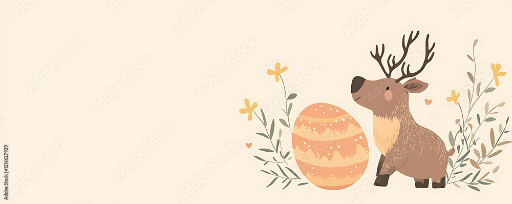Cute reindeer with Easter egg, floral border. Cute reindeer with Easter egg, floral border.