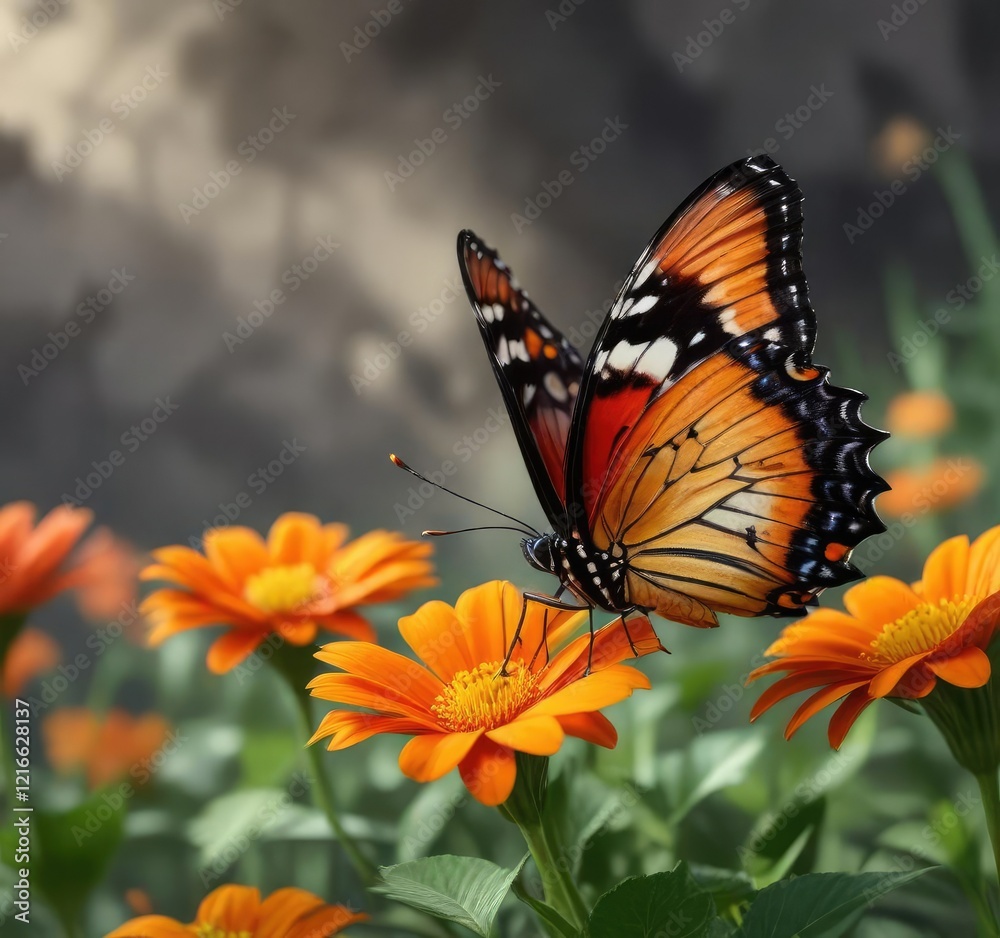 Fototapeta premium beautiful butterfly perched on a colorful orange flower, nature, beautiful, wildlife