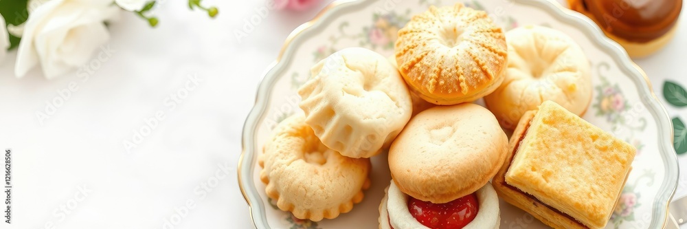 Beautifully arranged biscuits on a delicate china plate, alongside an assortment of finger sandwiches and sweet pastries, afternoon tea, baked goods Beautifully arranged biscuits on a delicate china plate, alongside an assortment of finger sandwiches and sweet pastries, afternoon tea, baked goods