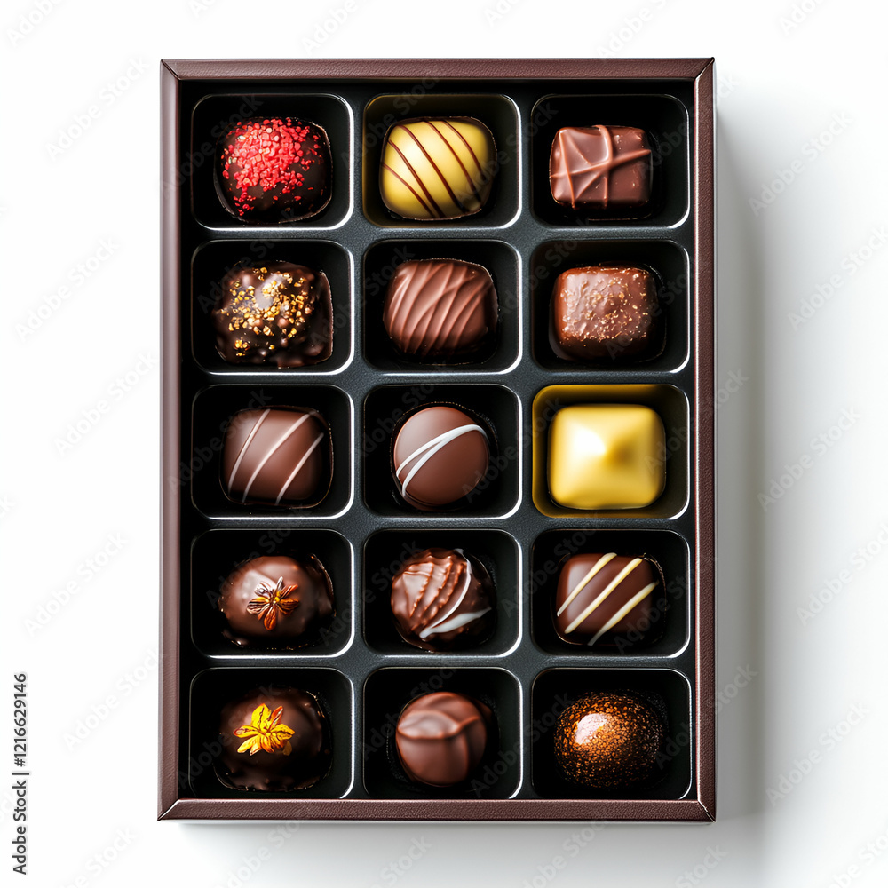 A beautifully packaged box of assorted chocolate candies, isolated on a white background, showcasing its luxurious design A beautifully packaged box of assorted chocolate candies, isolated on a white background, showcasing its luxurious design