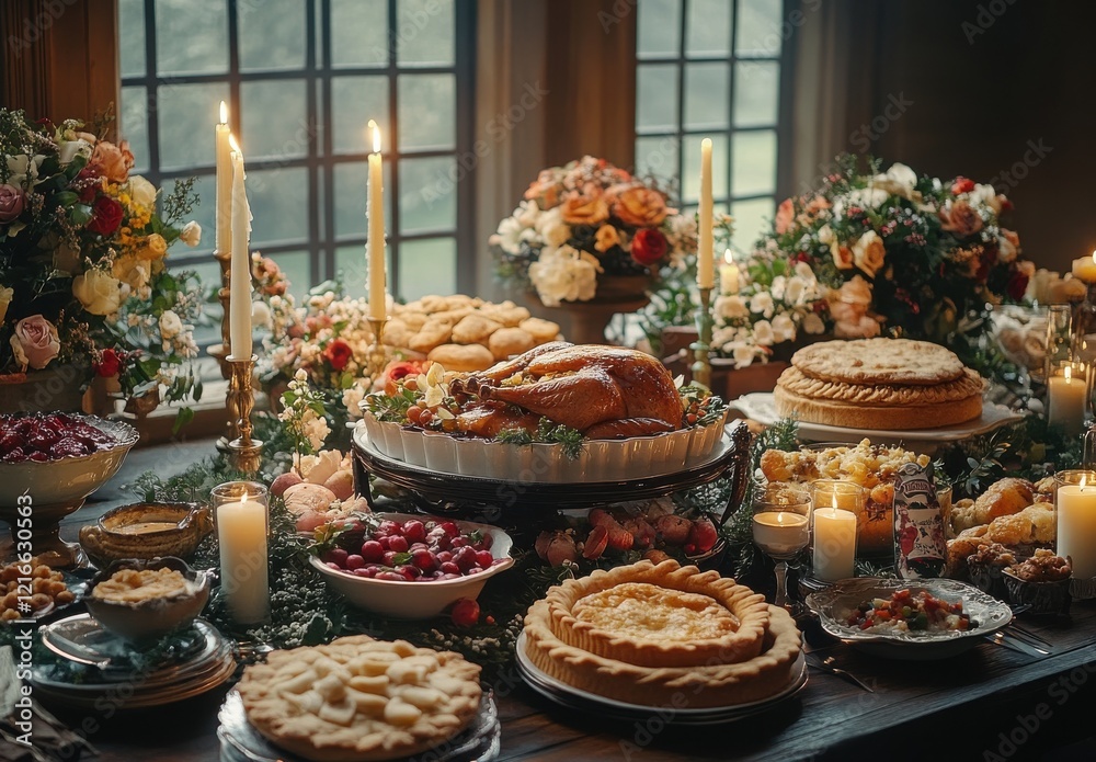 A Warm and Inviting Harvest Feast Displayed on a Rustic Table Surrounded by Floral Arrangements, Candles, and Seasonal Delicacies for a Celebration A Warm and Inviting Harvest Feast Displayed on a Rustic Table Surrounded by Floral Arrangements, Candles, and Seasonal Delicacies for a Celebration