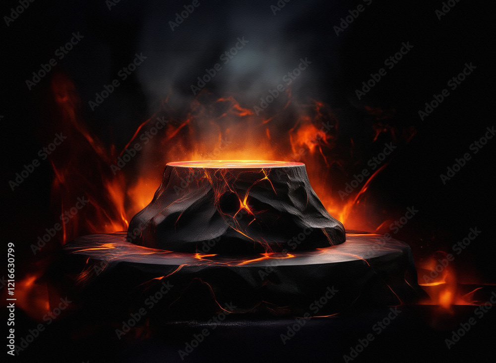 Fototapeta premium A fiery, volcanic display. Glowing embers and smoke rise from a griany, stone platform with a paper-like texture, set against a dark background.