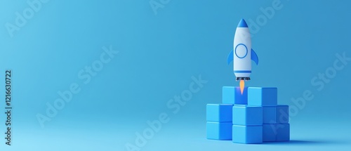 3d rendering of a rocket taking off from a platform of blue blocks on a blue background