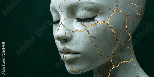 female cracked porcelain face with gold glitter lines highlighting strength