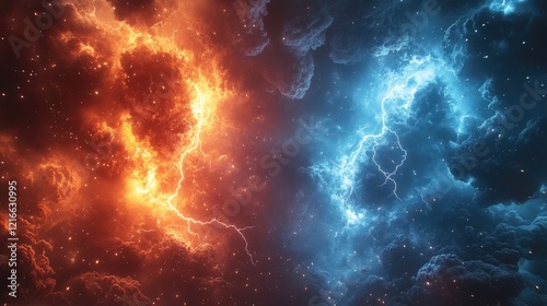 Fiery Orange and Cool Blue Cosmic Nebula: Abstract Energy Forms