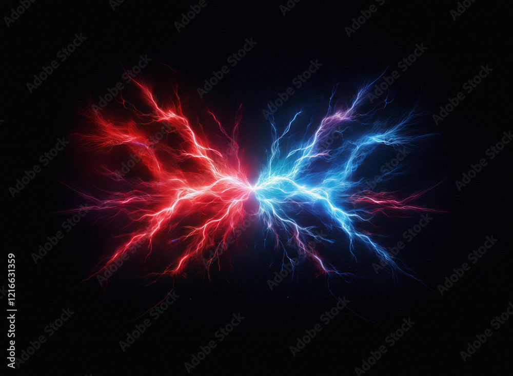A digital artwork depicting a butterfly-like form composed of vibrant red and blue lightning. The grainy paper texture adds depth to the contrasting energy. A digital artwork depicting a butterfly-like form composed of vibrant red and blue lightning. The grainy paper texture adds depth to the contrasting energy.