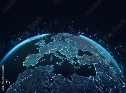 A grainy paper texture depicts a glowing digital map of Europe, its borders outlined in bright blue light against a dark background.  Connections and data points are visible, suggesting global connect