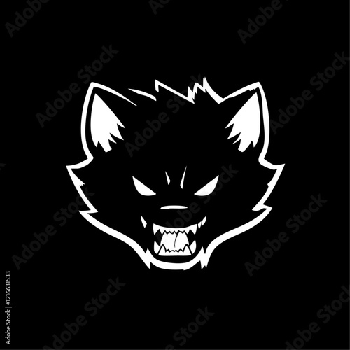 Intimidating and stylized black and white illustration of a snarling wolf with sharp teeth and glowing eyes on a dark background. Vector illustration