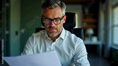 A focused businessman reading documents, carefully reviewing data on papers with a serious expression.