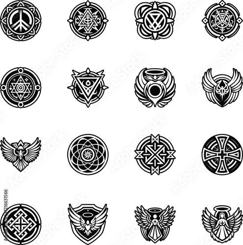 Set of Glyph Icons Depicting Ancient Angel Symbols​ 

