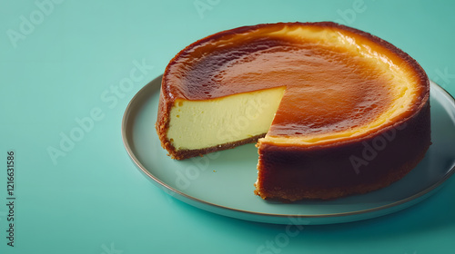 Basque cheesecake on turquoise colored background with free space. Whole cheesecake with a piece cut out, teal background. Classic cheesecake with caramelized top on plate photo