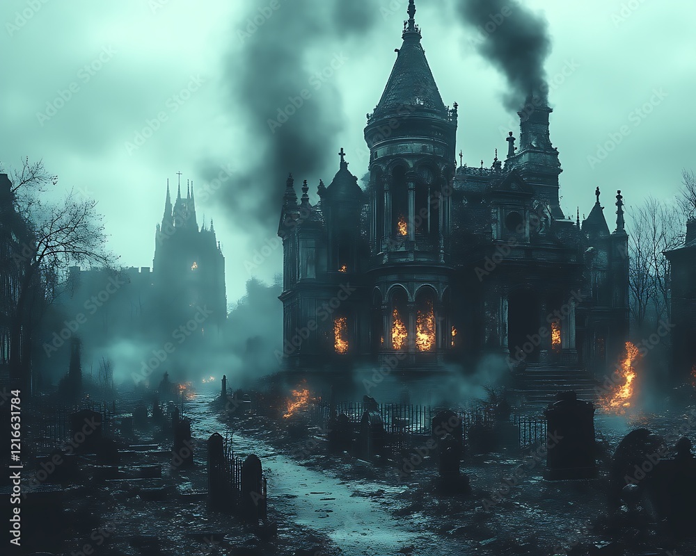 Fototapeta premium Burning gothic mansion in graveyard.