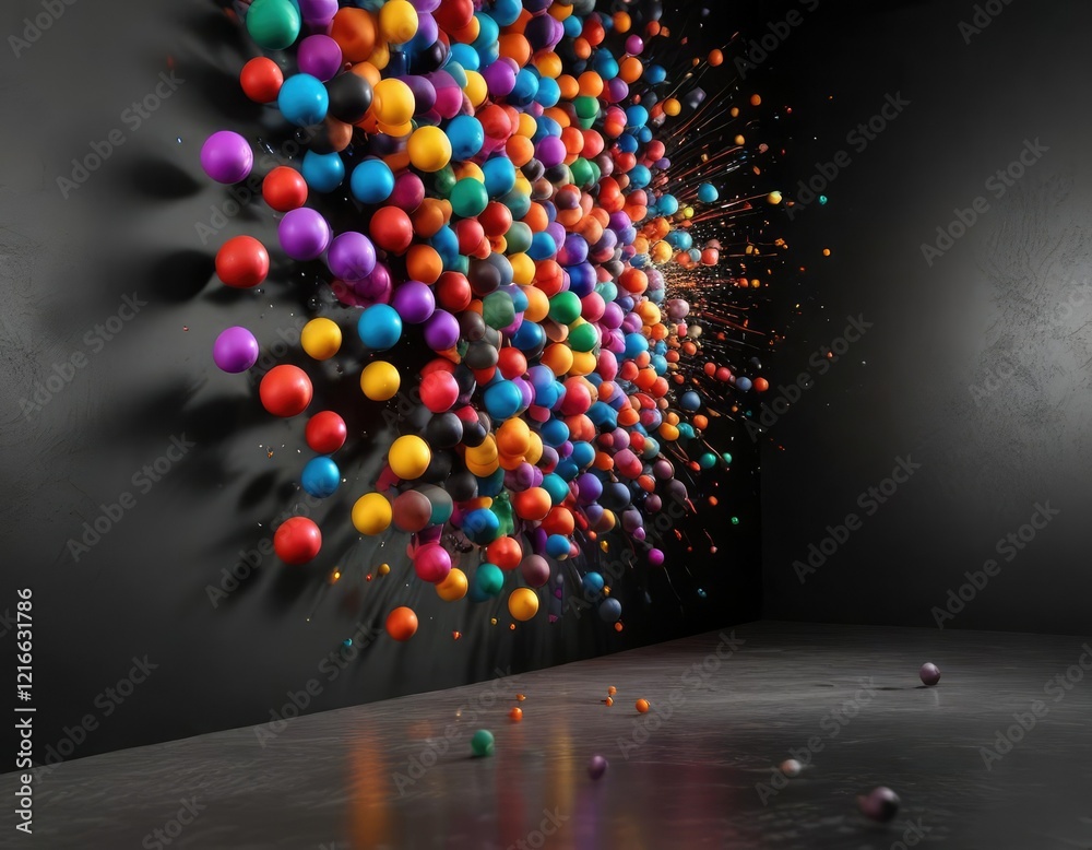 custom made wallpaper toronto digitalBlack wall with colorful balls flying out in a burst of light, black walls, fast-paced action, light bursts