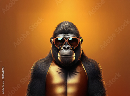 A cool gorilla in sunglasses, rendered with a grainy paper texture, against a warm orange background.  The image has a slightly vintage feel. photo