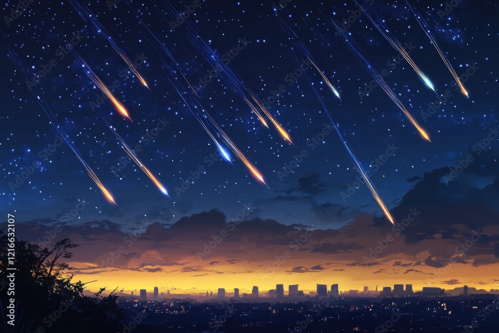 Fototapeta premium meteor shower over a cityscape at sunset